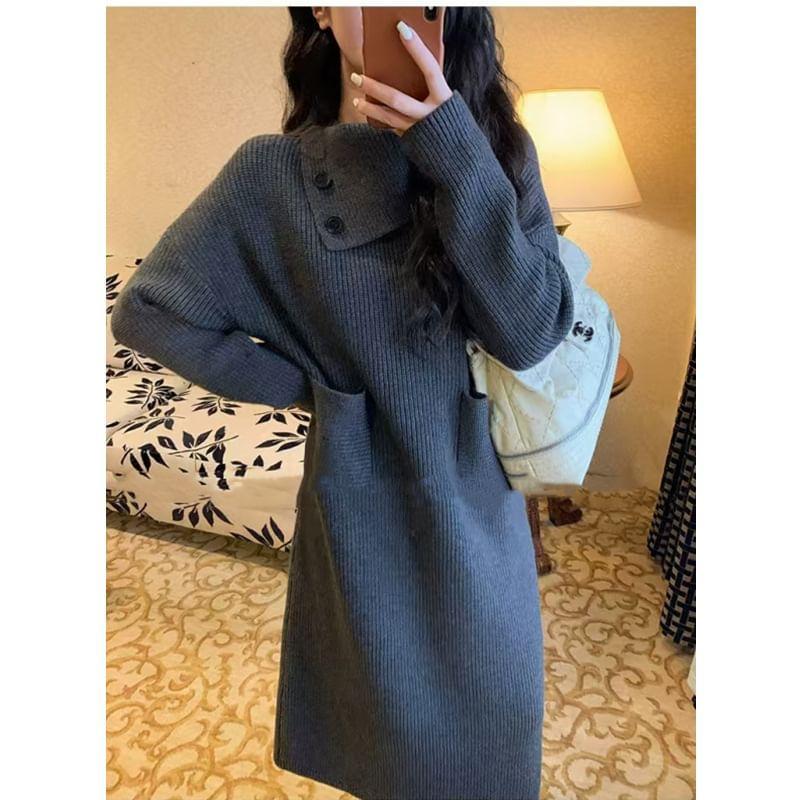 Long-Sleeve High Neck Plain Ribbed Midi Knit Dress Product Image