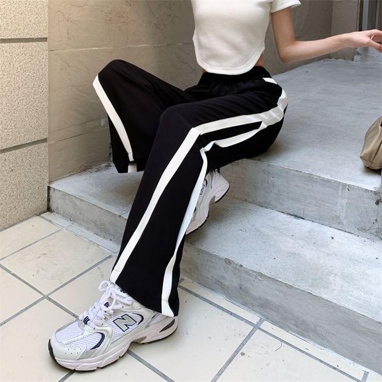 High Waist Color-Block Loose-Fit Wide-Leg Sweatpants Product Image