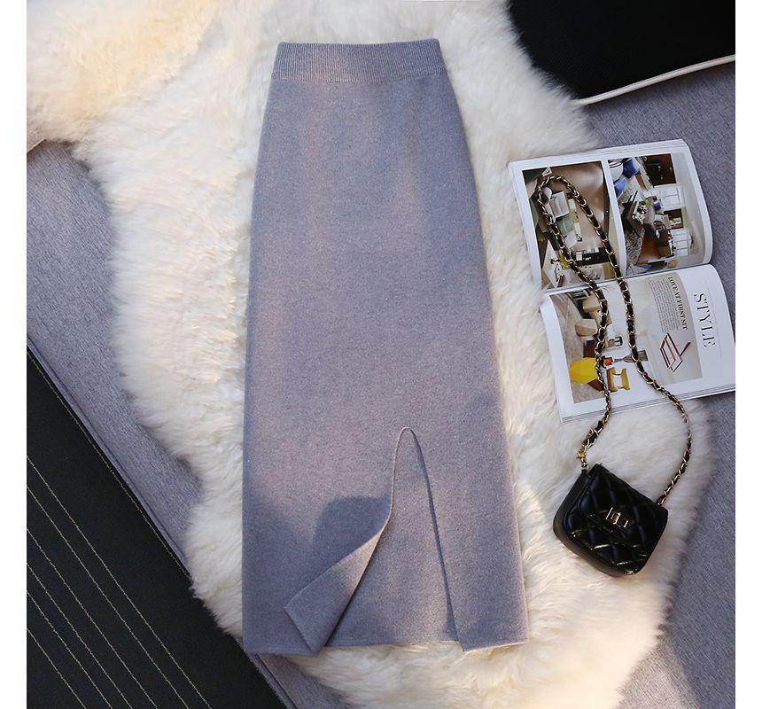 High Rise Slit Knit Midi Pencil Skirt Product Image