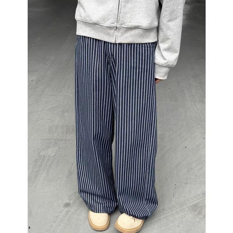 Mid Rise Striped Washed Wide Leg Jeans Product Image