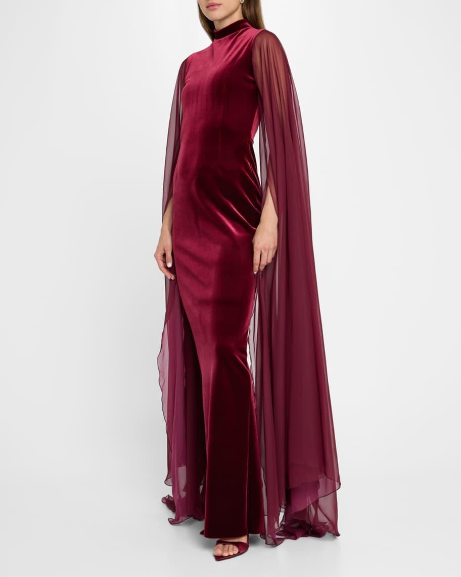 Cape-Sleeve Velvet Column Gown Product Image