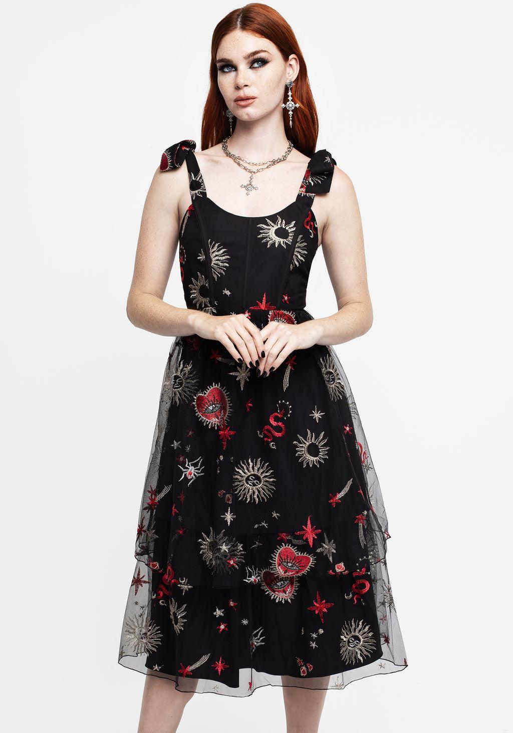 Bloodlust Embroidered Corset Midi Dress Product Image