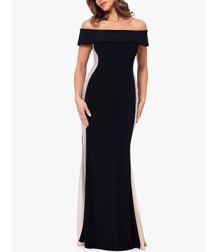 Xscape Scuba Mesh Illusion Sequin Off-the-Shoulder Gown Product Image