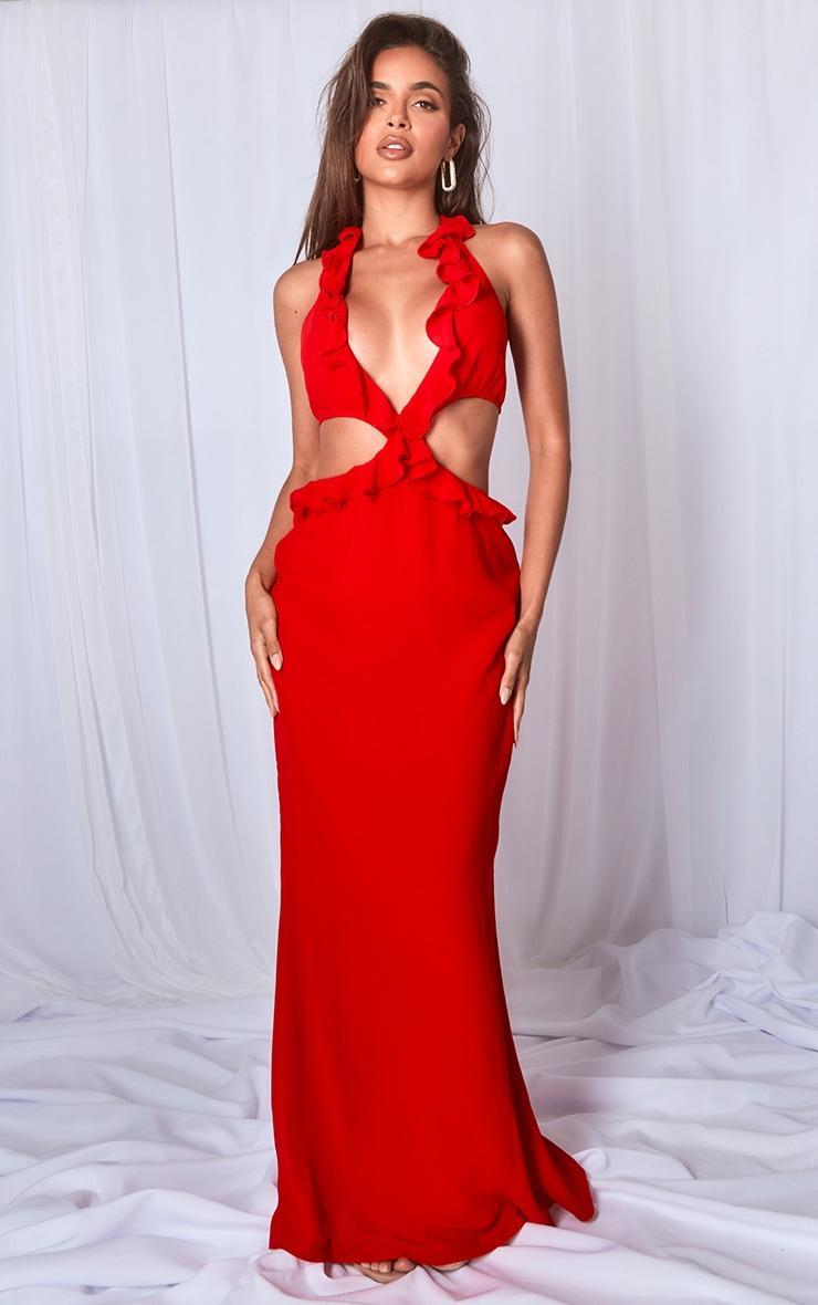 Red Ruffle Cut Out Detail Plunge Maxi Dress Product Image