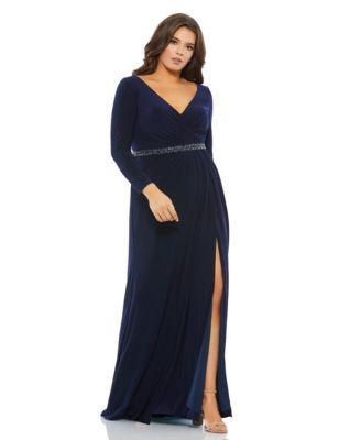 Plus Size Beaded Belt Jersey Faux Wrap Long Sleeve Gown Product Image