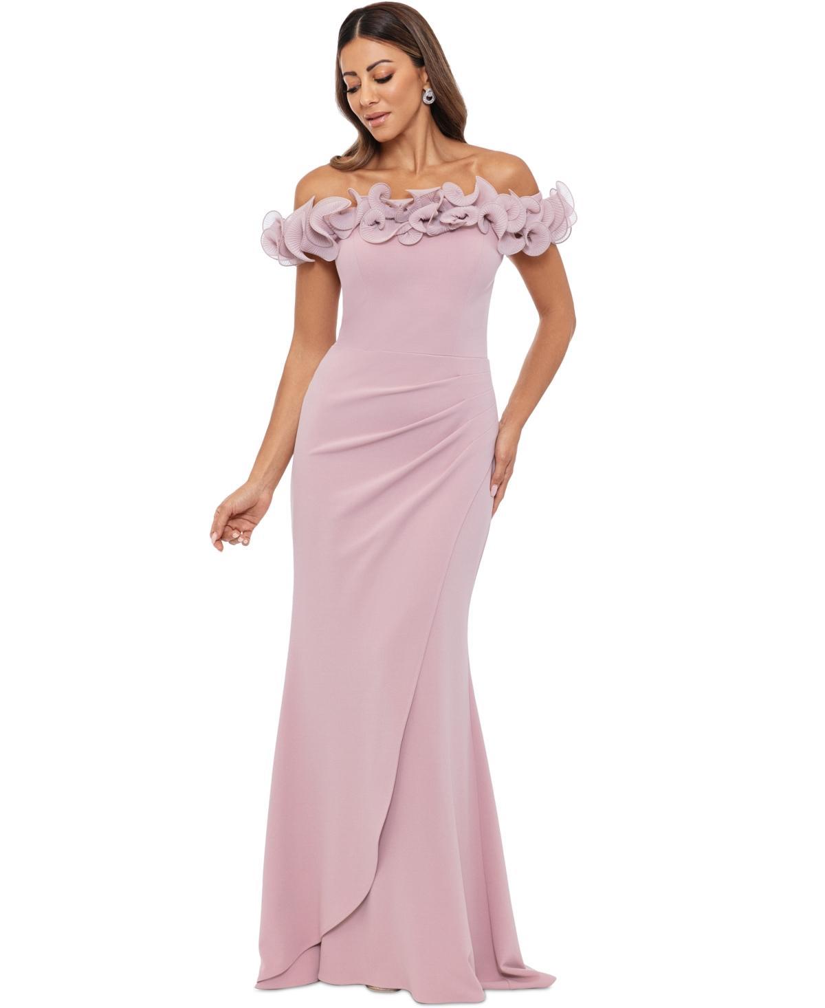 Xscape Womens Scuba-Crepe Ruffled Off-The-Shoulder Fit & Flare Gown Product Image