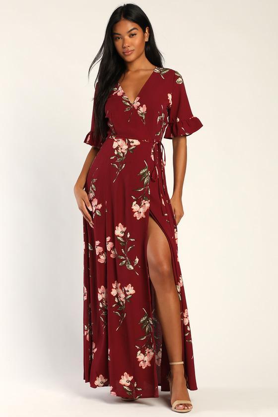 September Sunsets Burgundy Floral Print Wrap Maxi Dress Product Image