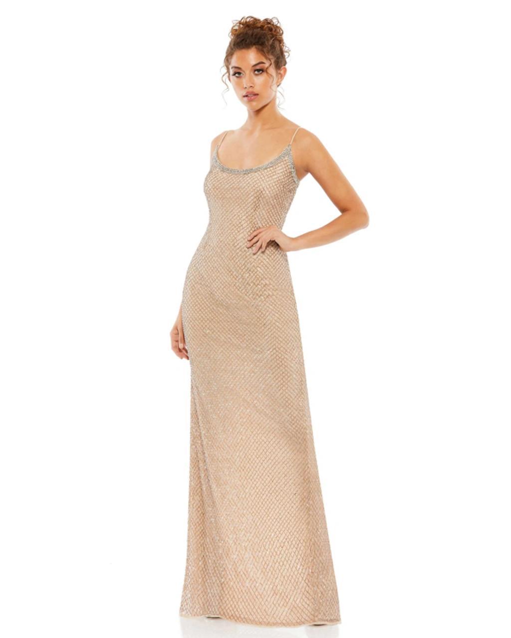 Beaded Spaghetti Strap Column Gown In Beige Product Image