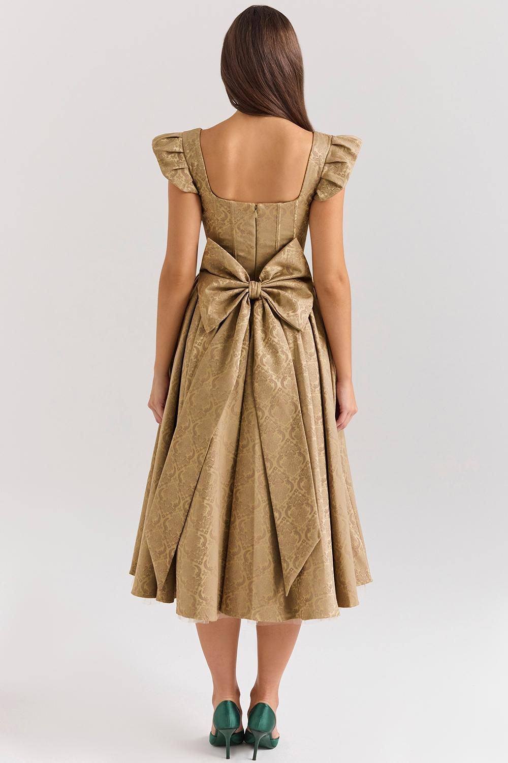 Alessandra Gold Jacquard Midi Dress with Detachable Bow Product Image