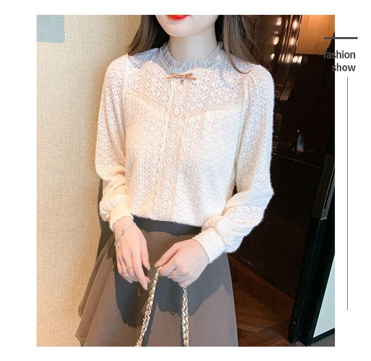 Long-Sleeve Bow Frill Trim Lace Blouse Product Image