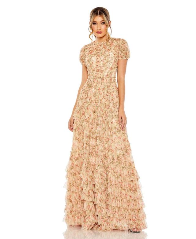 Mac Duggal Womens High Neck Floral Mesh Ruffle Dress Product Image