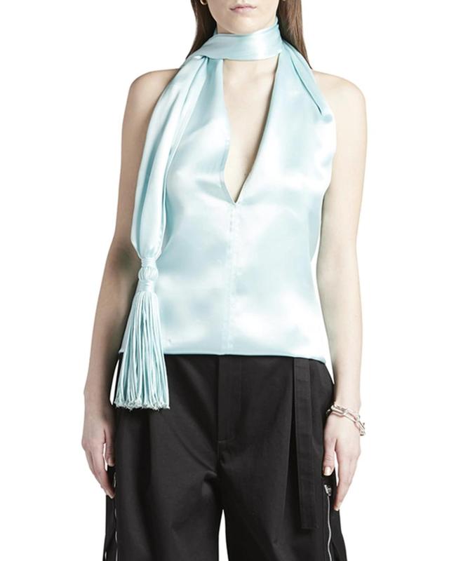 Scarf-halter Chintzed Cupro Top In Blue Product Image