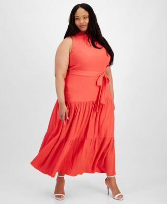 Plus Size Tie-Neck Tiered Maxi Dress Product Image