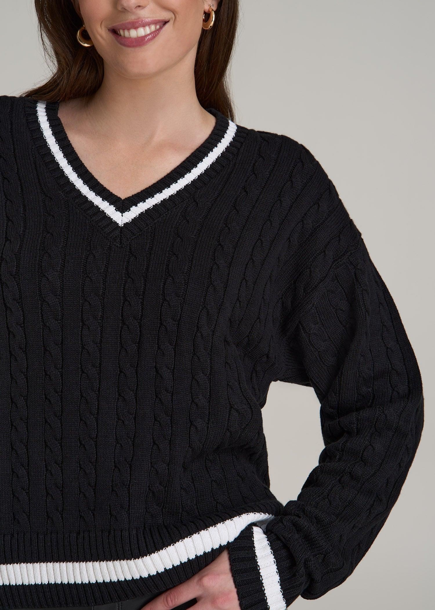 V-Neck Collegiate Sweater for Tall Women in Black and Bright White Product Image