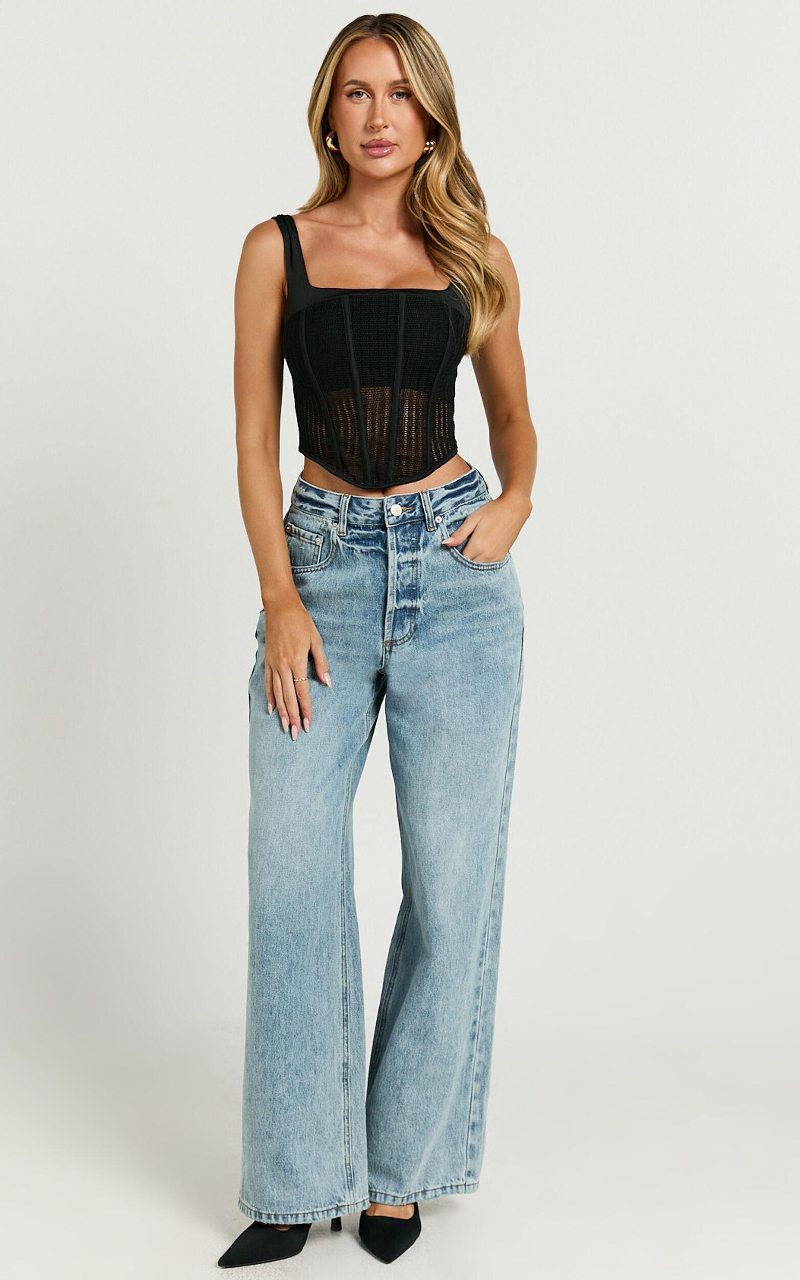 Portia Top - Crochet Corset Square Neck Crop Top in Black Product Image