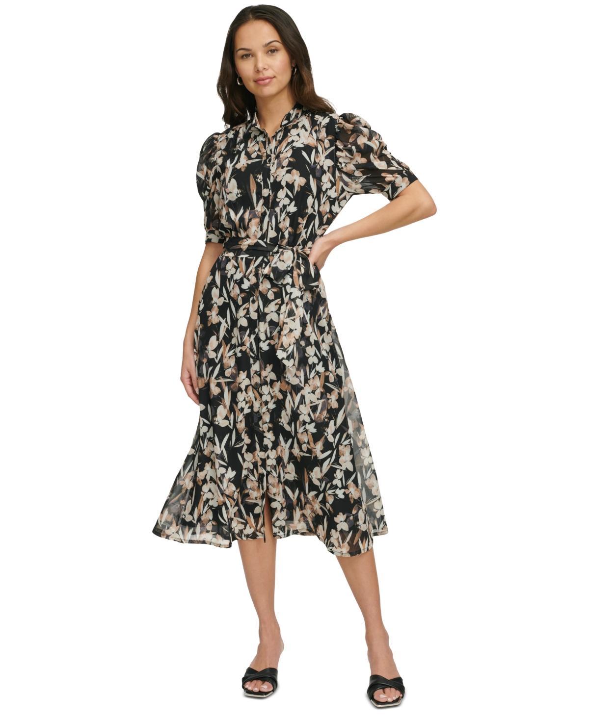 Dkny Womens Printed Puff-Sleeve Button-Front Dress Product Image