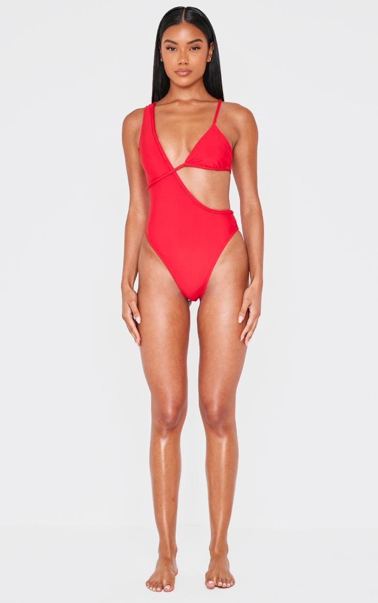 Red Plait Detail Asymmetric Swimsuit Product Image