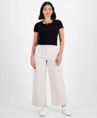 Petite Notched-Neck Ribbed-Knit Top & High Rise Wide-Leg Cargo Pants Product Image