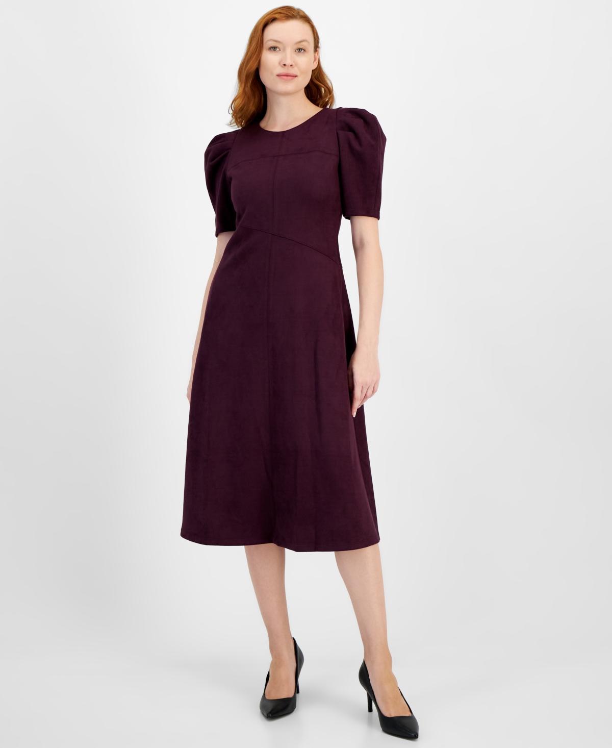 Anne Klein Womens Suede Puff-Sleeve Midi Dress Product Image