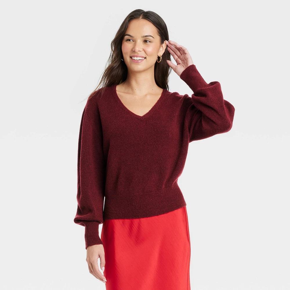 Womens Cozy Knit V-Neck Pullover Sweater - A New Day Burgundy L Product Image