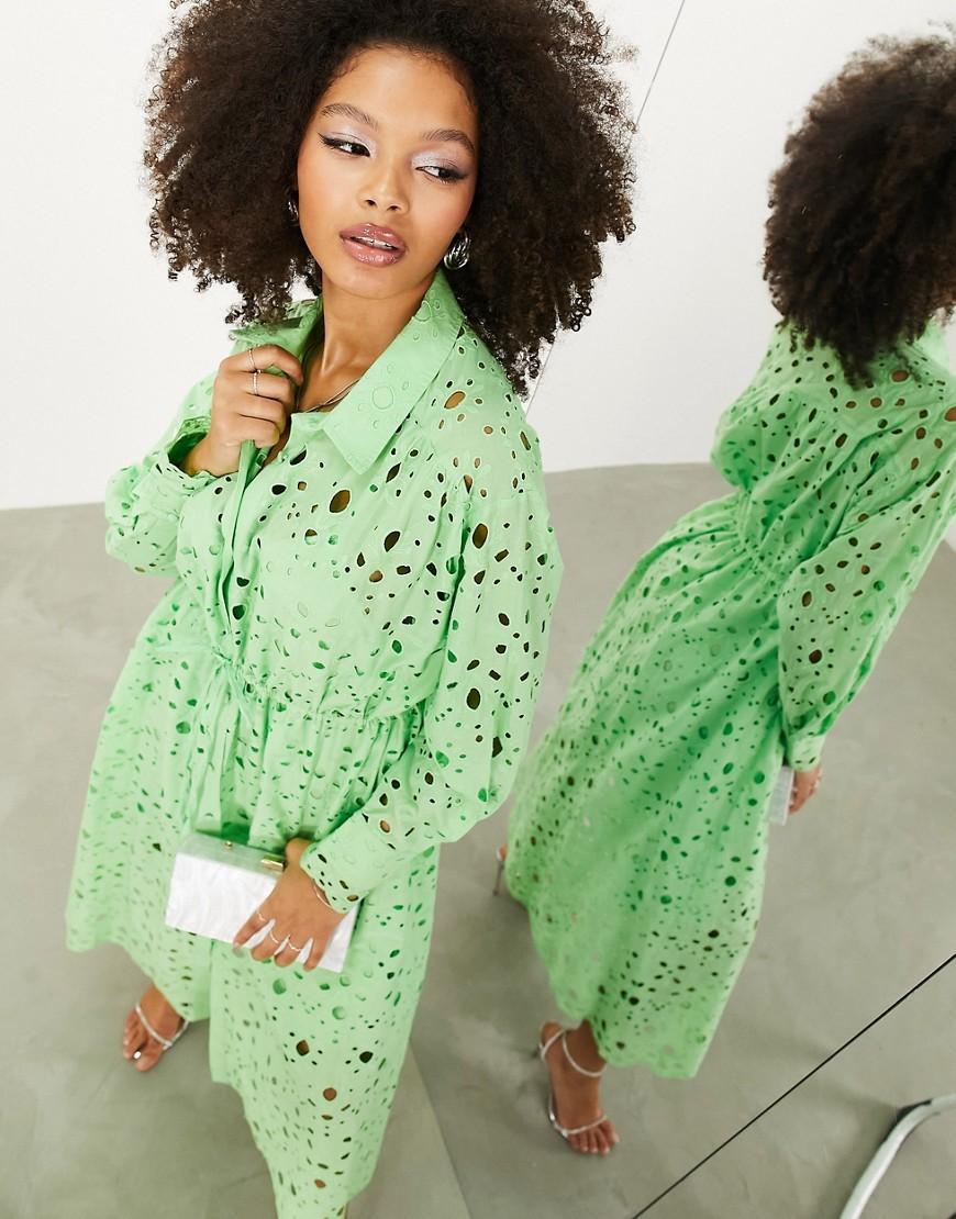 ASOS EDITION eyelet drawstring long sleeve midi shirt dress in bright green product image