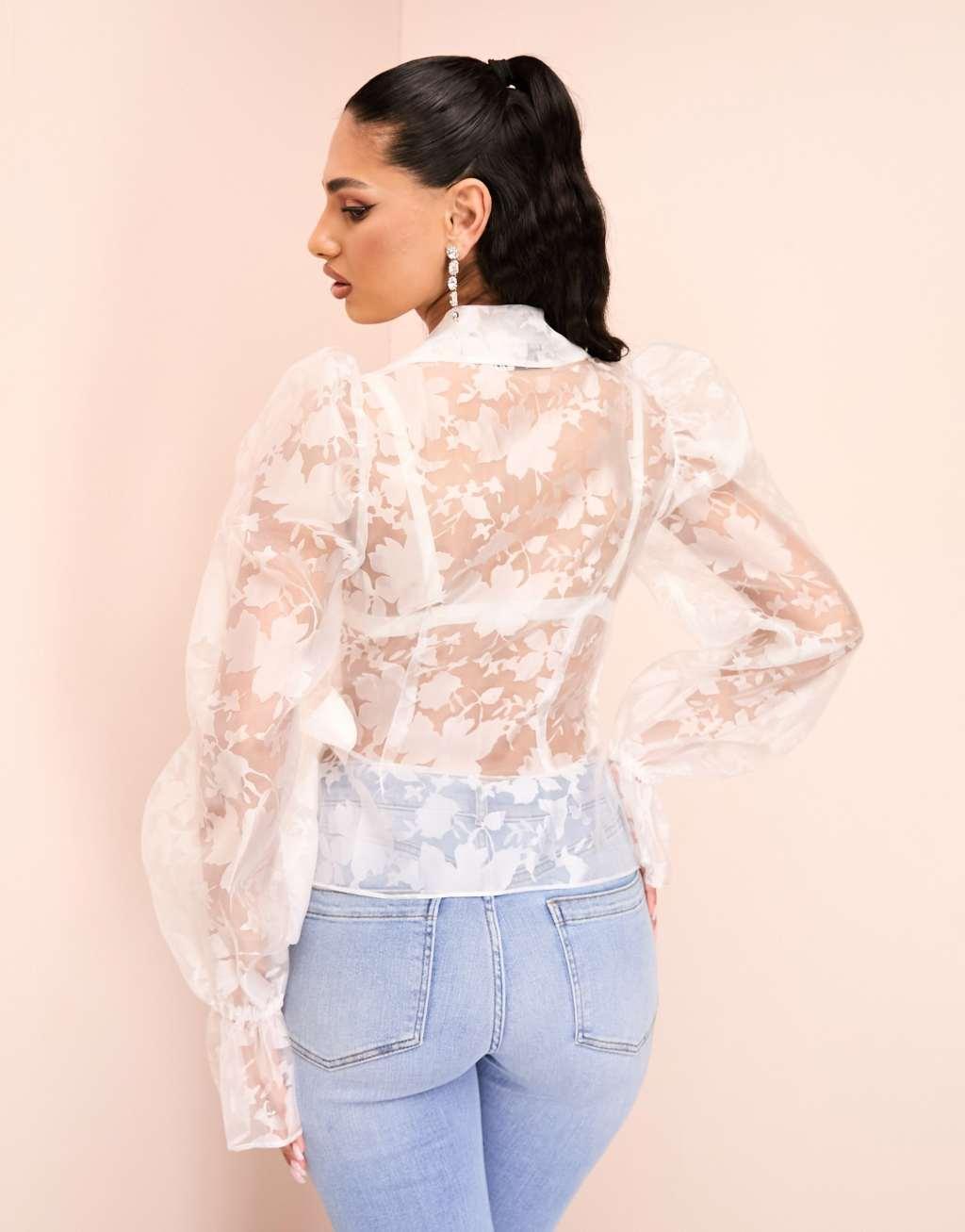 ASOS LUXE sheer organza floral wrap blouse with tie detail Product Image