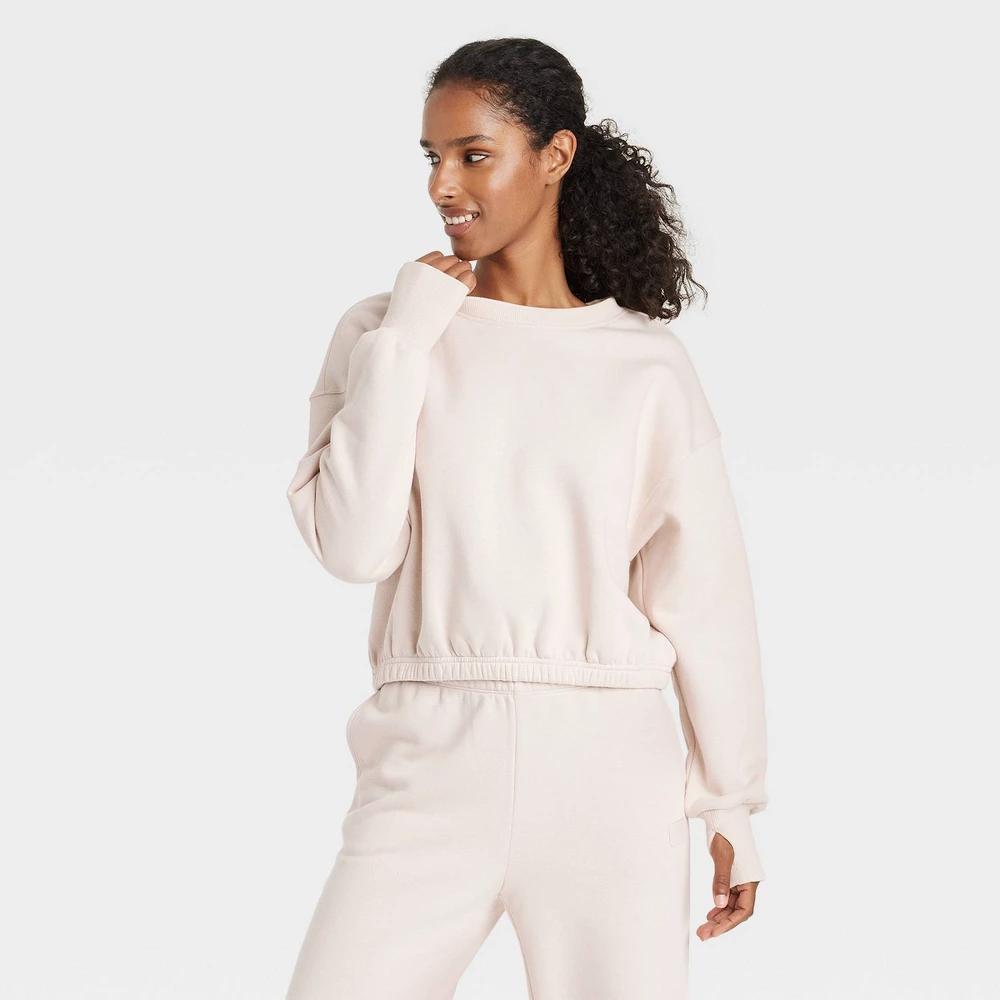 Womens Fleece Cropped Crewneck Pullover Sweatshirt - JoyLab Cream L Product Image