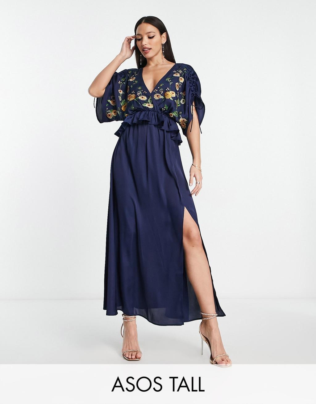 ASOS DESIGN Tall embroidered satin midi dress with frill waist in navy Product Image