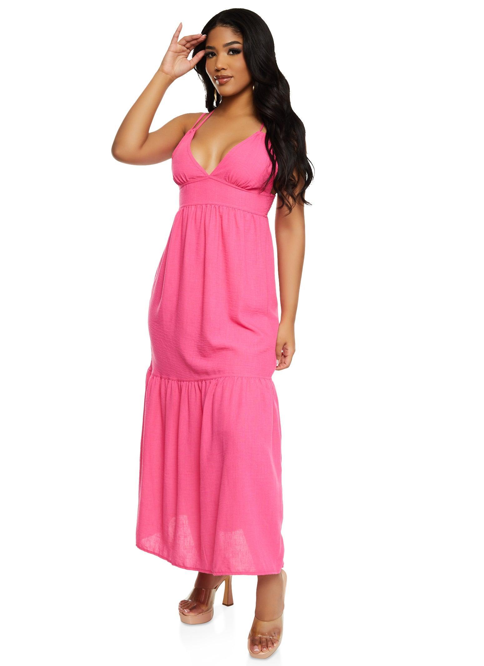 Womens Haute Monde Linen Plunge Tiered Maxi Dress Product Image