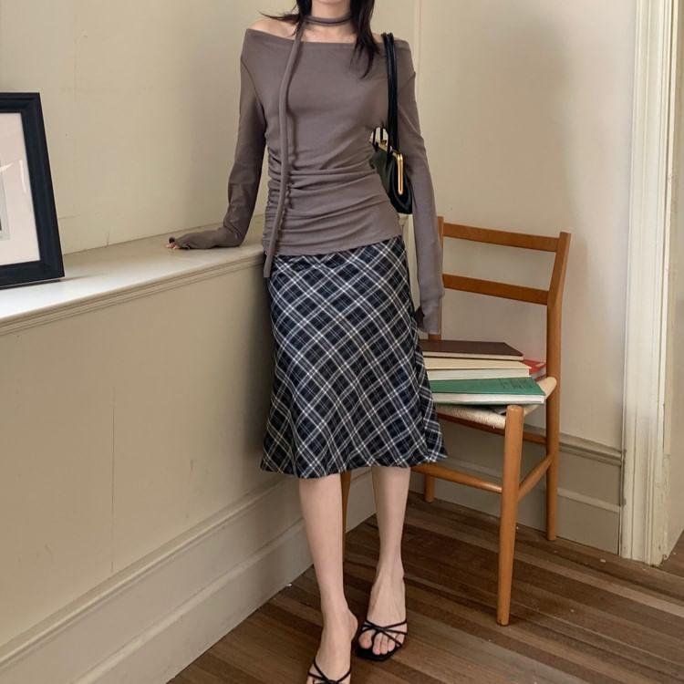 High Rise Plaid Midi A-Line Skirt Product Image