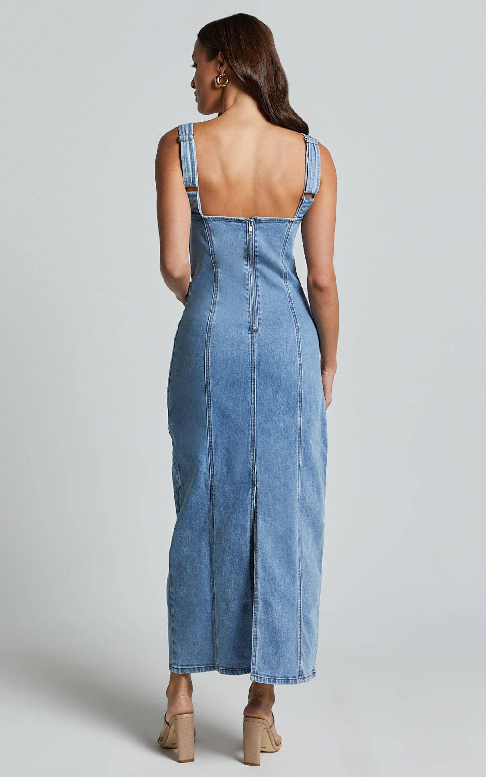 Zenith Midi Dress - Wide Strap Panel Detail Recycled Denim Dress in Mid Blue Wash Product Image