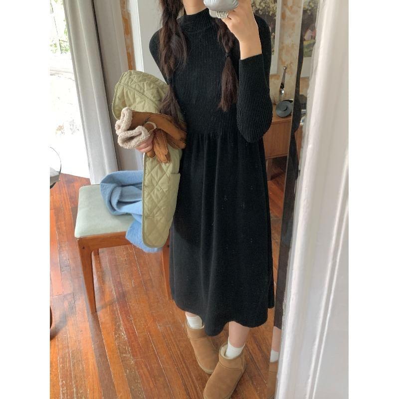 Long-Sleeve Mock Neck Plain Knit Midi A-Line Dress Product Image