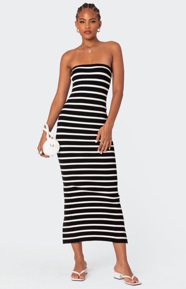 Edikted Women's Knit Back Slitted Maxi Dress in Black/White - Product Image