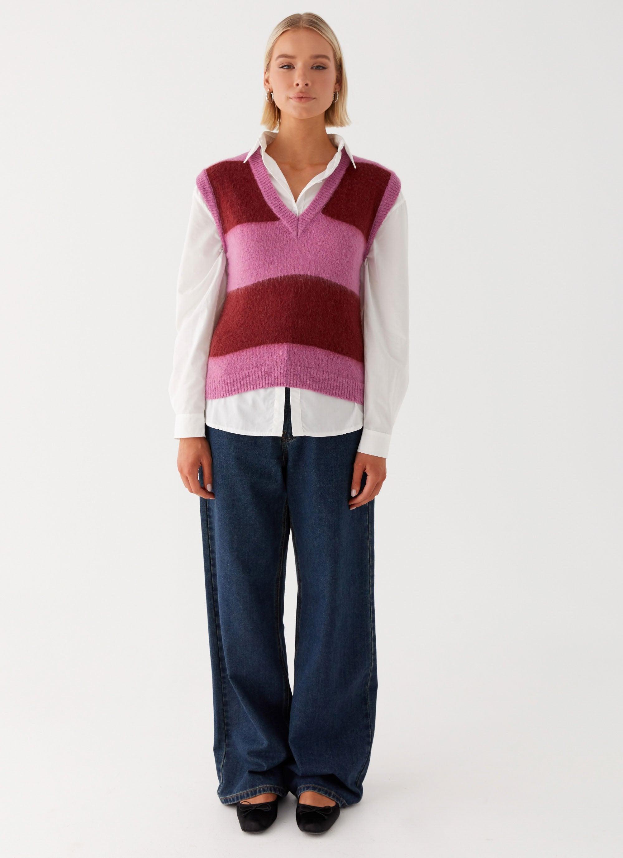 Savannah Fuzzy Knit Vest - Red Pink Stripe Product Image