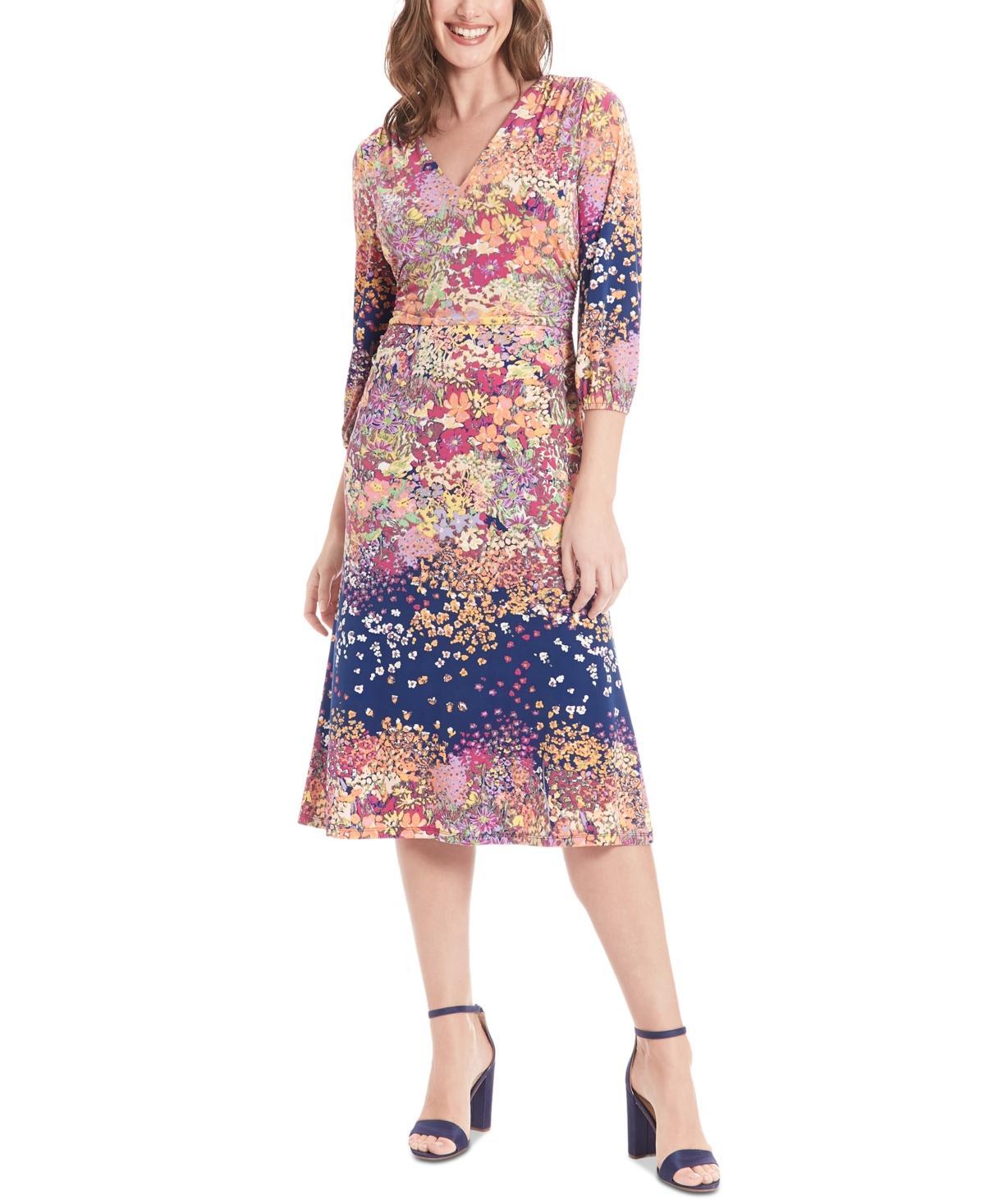 Womens London Times Floral Print V-Neck Bishop Sleeve Midi Dress Product Image