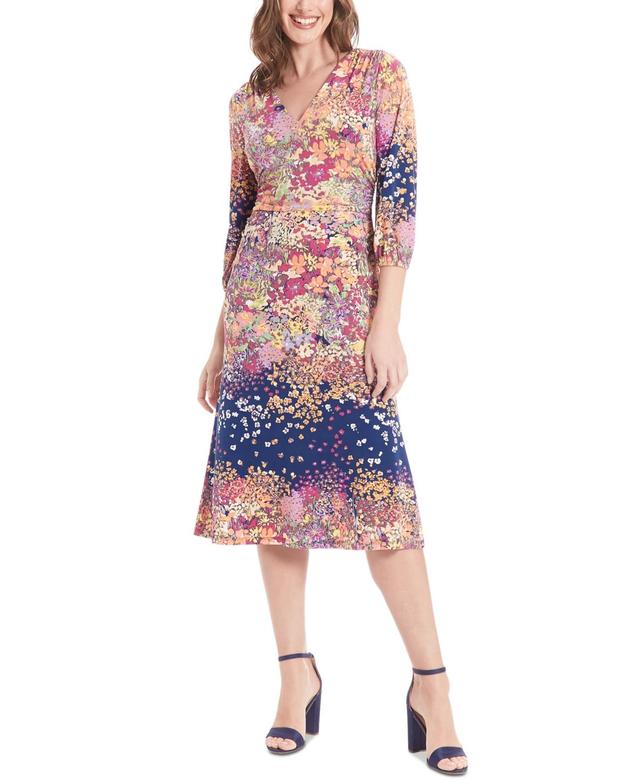 London Times Womens Bishop-Sleeve Shirred Midi Dress - Navy Product Image