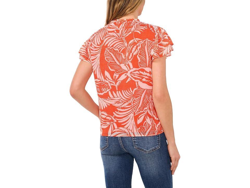 CeCe Womens Tropical-Print Tie-Neck Flutter-Sleeve Blouse Product Image