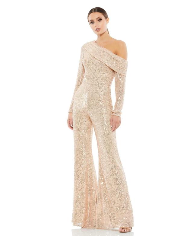 Mac Duggal Asymmetric Off-The-Shoulder Long Sleeve Flare Leg Sequin Jumpsuit Product Image