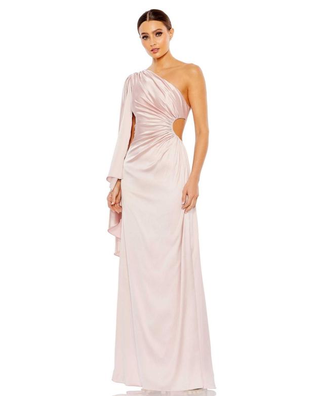 Ieena for Mac Duggal Drape Sleeve One-Shoulder Satin A-Line Gown Product Image