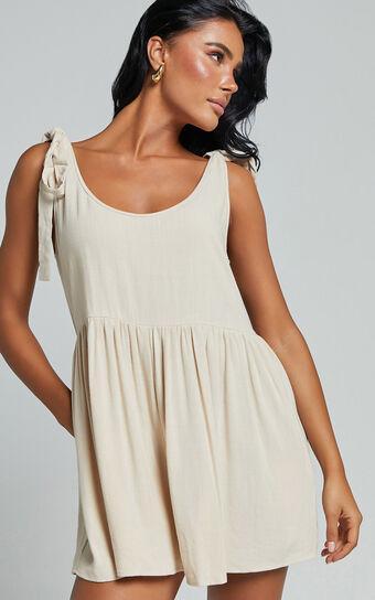 Marcie Playsuit - Linen Look Scoop Neck Tie Detail Relaxed Playsuit in Biscuit Product Image