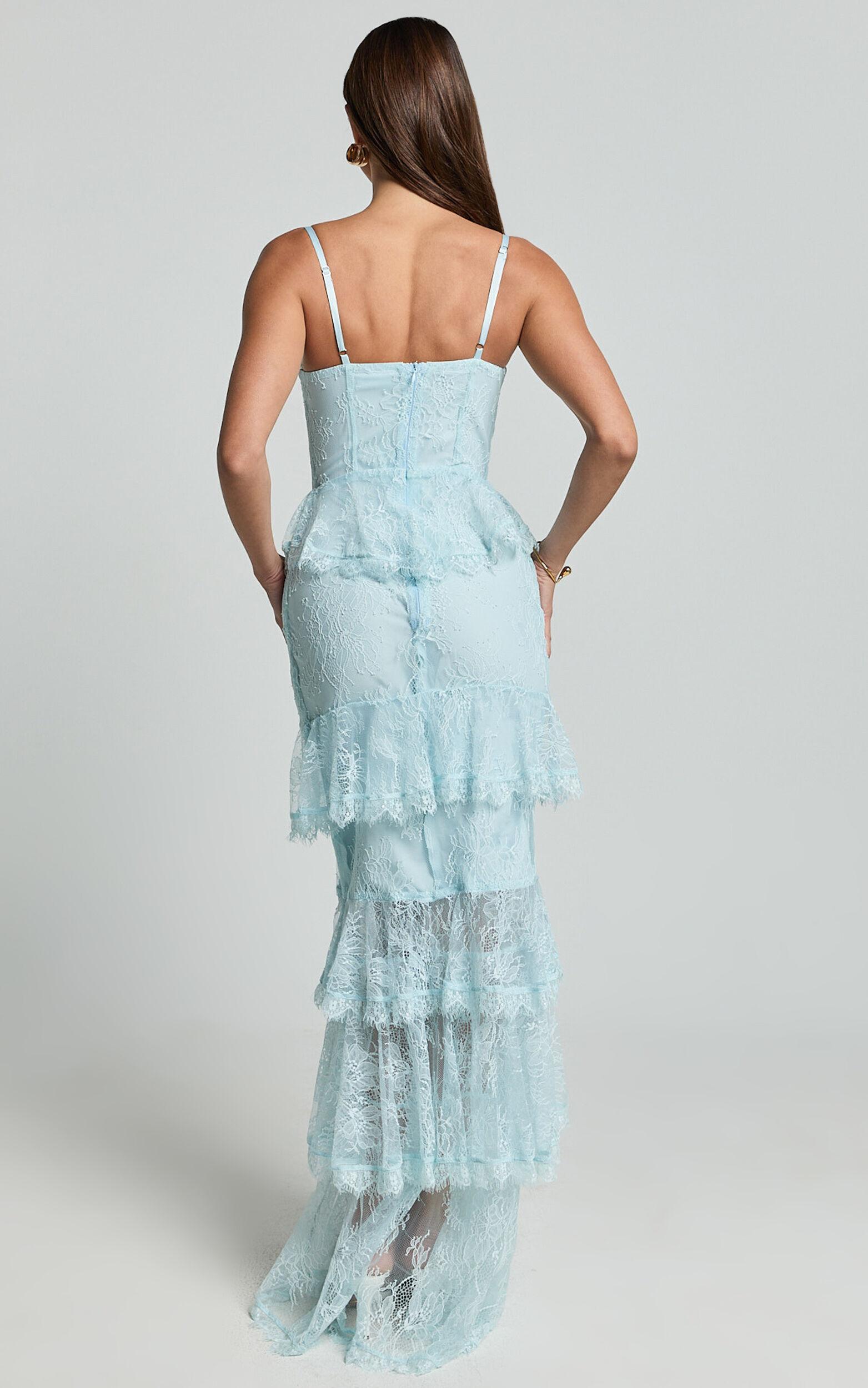 Merrick Maxi Dress - Sweetheart Corset Front Tiered Maxi Dress in Ice Blue Product Image