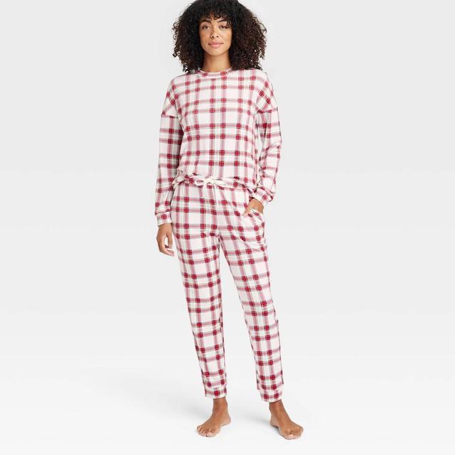 Womens Minky Fleece Pullover Top and Joggers Pajama Set - Auden Cream/Plaid L Product Image