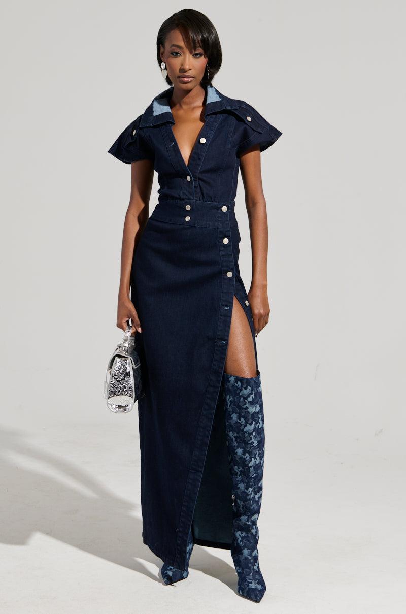 CHELSEA BUTTON SIDE DENIM MAXI DRESS Product Image