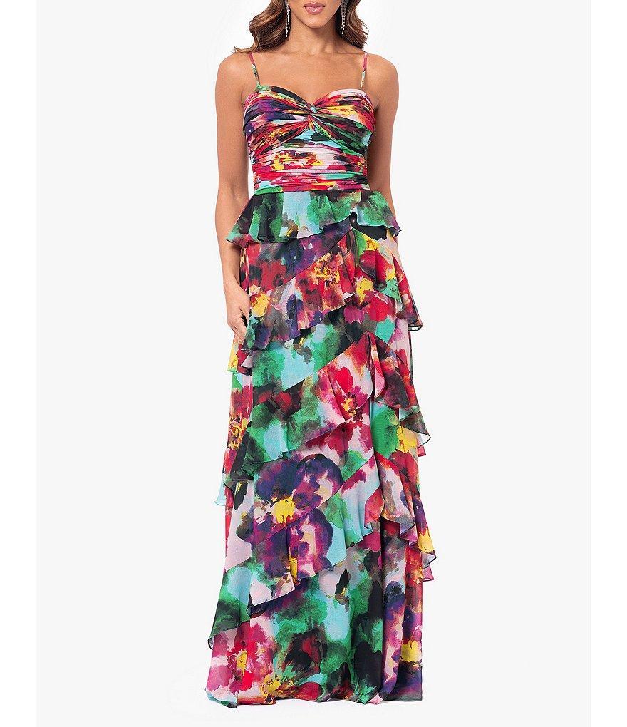 Xscape Printed Chiffon Sweetheart Neck Sleeveless Tiered Dress Product Image