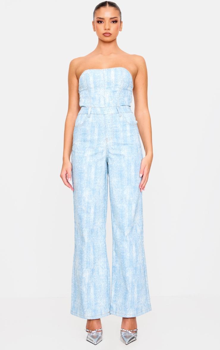 Blue Studded Diamante Denim Bandeau Wide Leg Jumpsuit Product Image