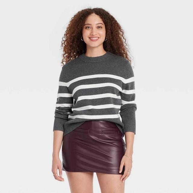 Womens Crewneck Pullover Sweater - A New Day Striped L Product Image