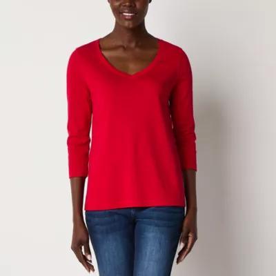 St. John's Bay Womens V Neck 3/4 Sleeve Adaptive Easy-on + Easy-off T-Shirt Product Image