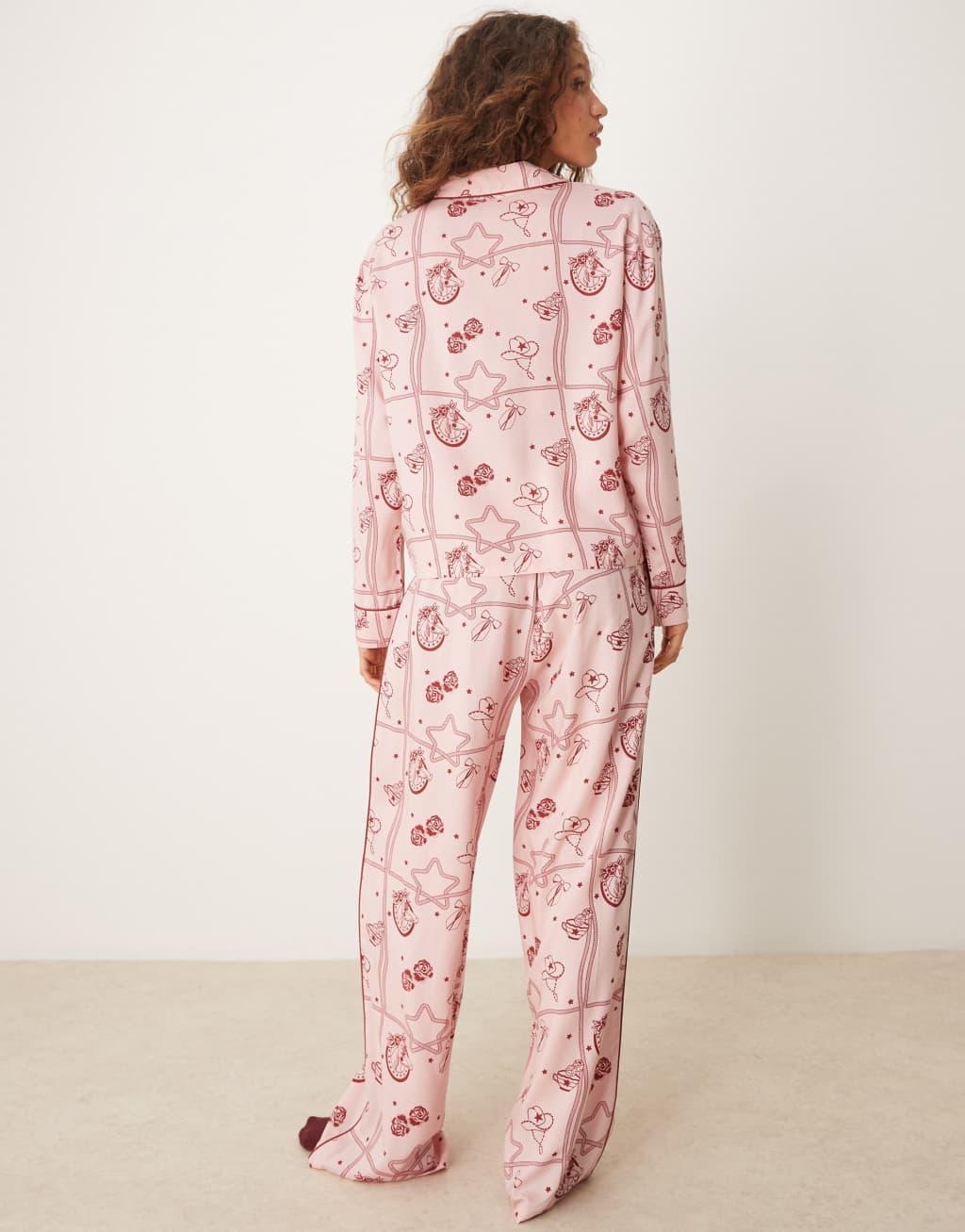 ASOS DESIGN rodeo print modal pajama shirt and wide leg pants set in pink Product Image