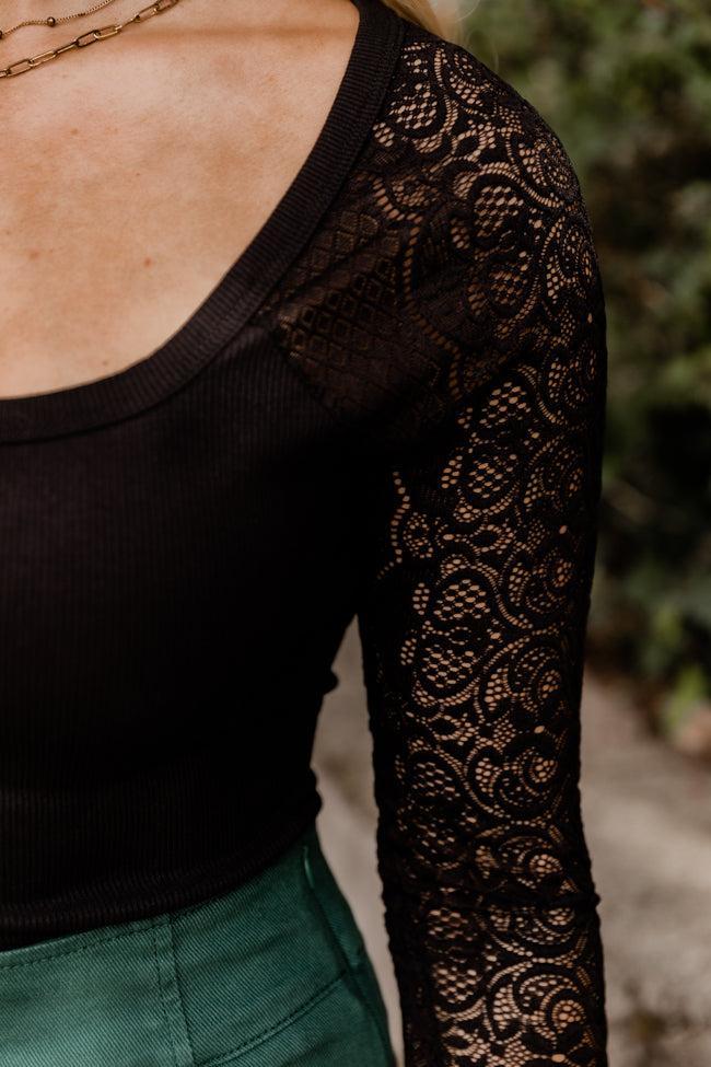 It's All Yours Black Lace Sleeve Square Neck Bodysuit Product Image