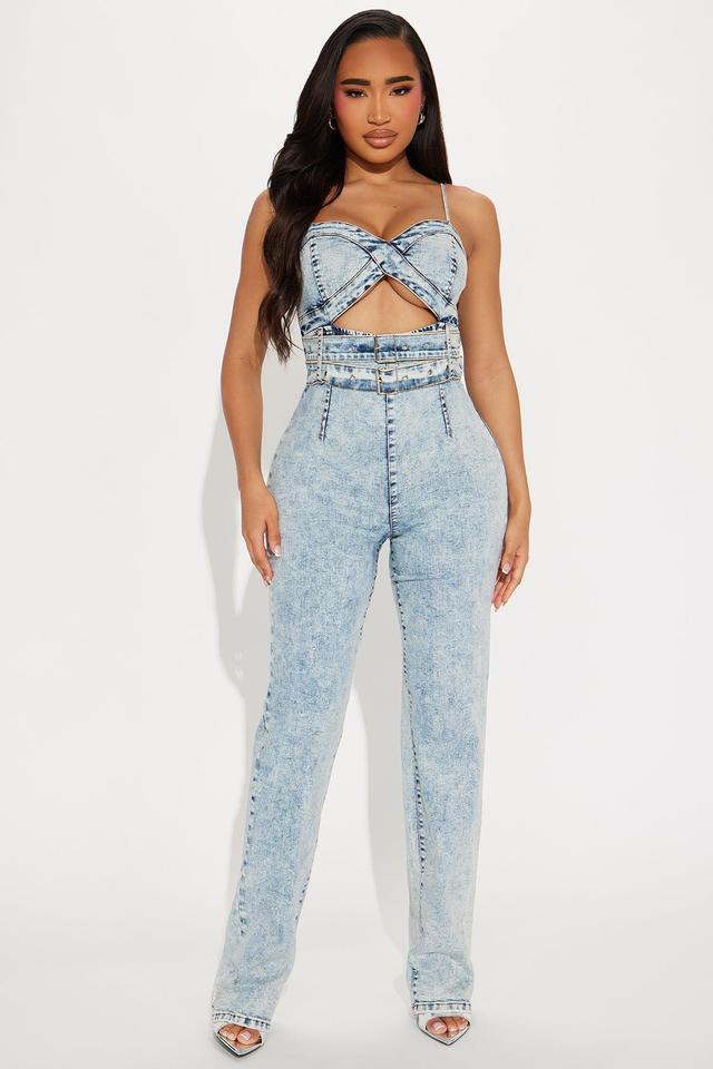 Causing Trouble Denim Jumpsuit - Light Wash Product Image